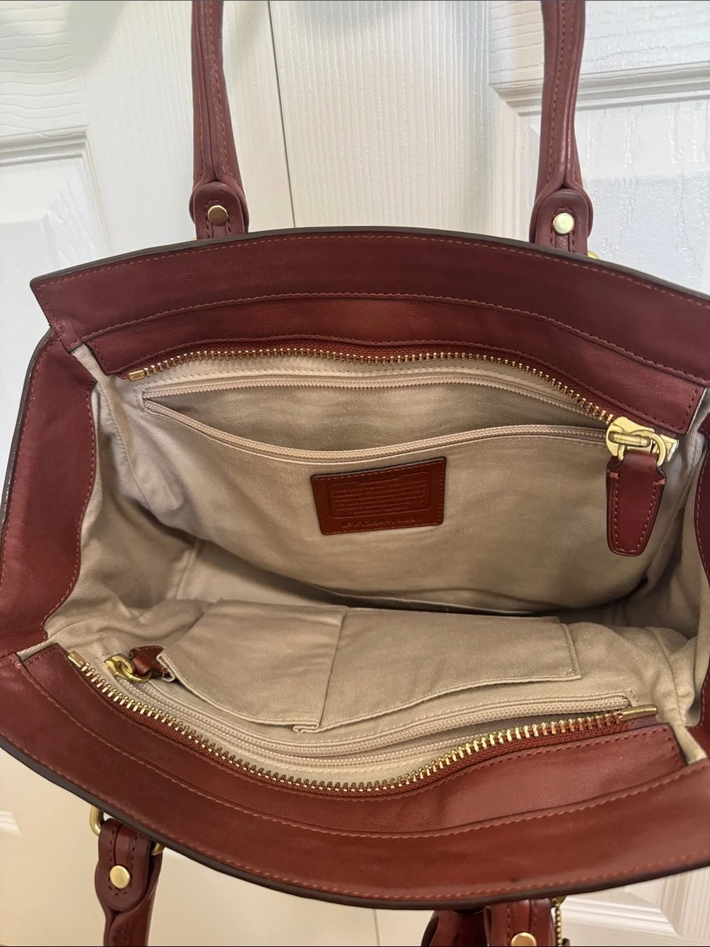 Coach Leather Tote in Chestnut Brown with Tassel Charm